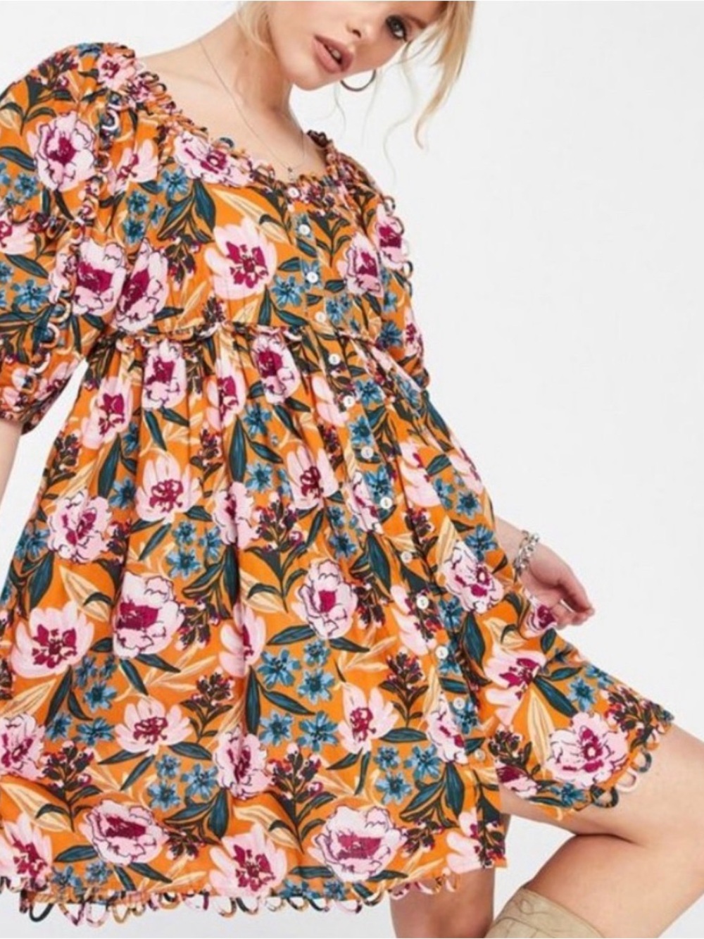 Topshop Orange Floral-print Dress Top